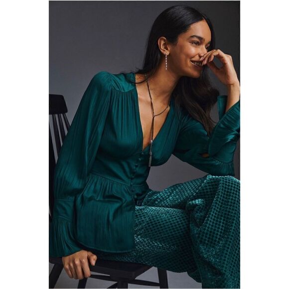 NEW By Anthropologie Green Deep V-Neck Buttonfront Babydoll Tunic Blouse X-Small - Picture 4 of 4